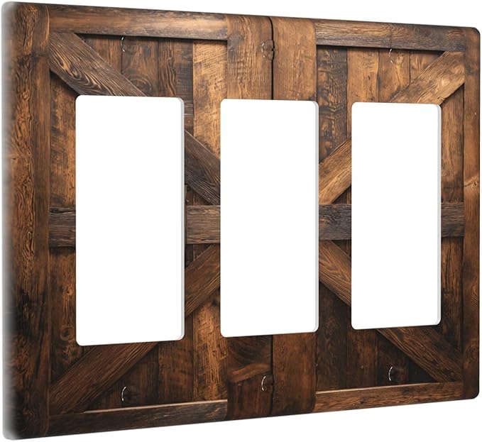 Decorative Outlet Covers Retro Brown Wood Barndoor 3 Gang Light Switch Cover Plate Triple Rocker Wall Plates for Electrical Outlets Switch Plate Covers for Farmhouse Home Decor