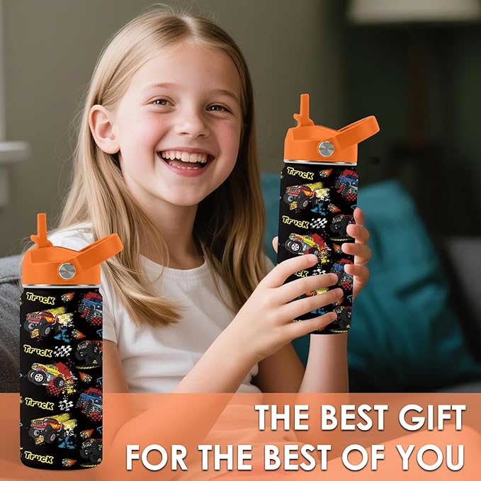Truck Gifts for Kids, 16oz Monster Truck Water Bottle with Straw Lid, BPA-Free, Leak Proof Stainless Steel Insulated Bottle for Boys, Girls, School - Trucks Lovers Children Birthday Gifts Cup (1pc)