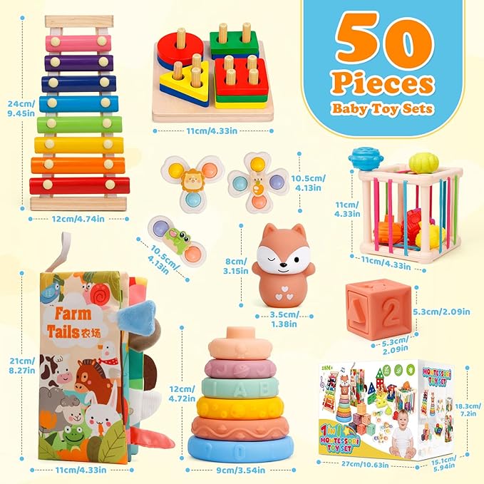 Montessori Toys for Toddlers 1-3, 7-in-1 Educational Activity Toy Set with Soft Cloth Book, Stacking Blocks & Learning Toys, Birthday Gifts for Boys Girls