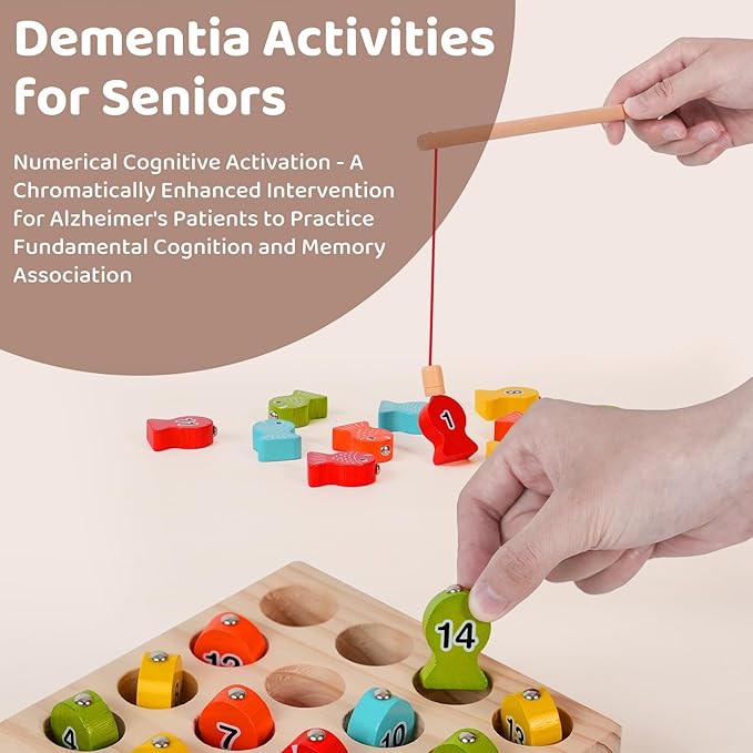 Dementia Therapy Wooden Magnetic Fishing Game for Seniors - Alzheimer's Cognitive Activities & Memory Recall Tools, Fine Motor Skill Training for Elderly Patients