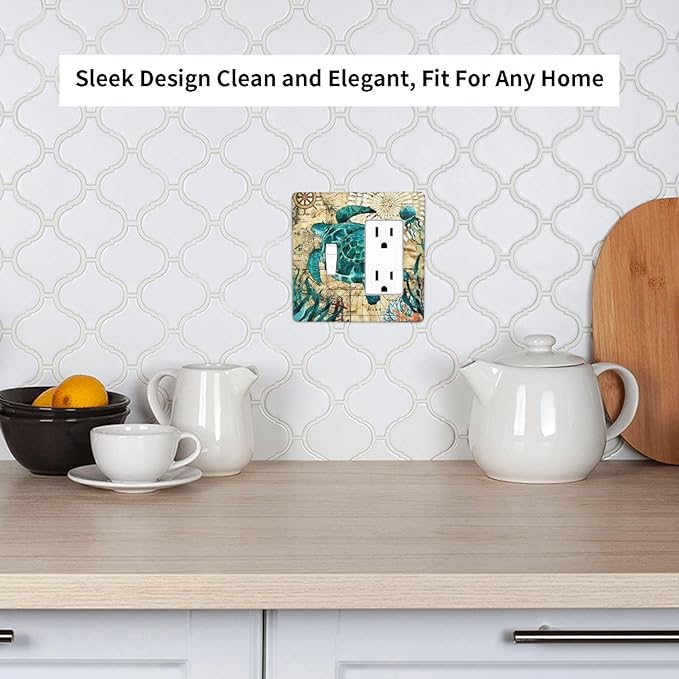 2-Gang 1-Toggle 1-Decora/GFCI Device Combination Funny Classic Sea Blue Turtle Beach Nautical Ocean Themed Teal World Map Tortoise Coastal Wall Plate Combo Toggle Decorator Outlet Light Switch Cover