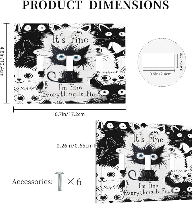 Funny Black Cat Inspirational Quotes Patterns Decorative Switch Plates 3 Gang Wall Plate Triple Toggle Light Switch Cover Faceplate Electrical Wall Panels for Kids Room Nursery Decor
