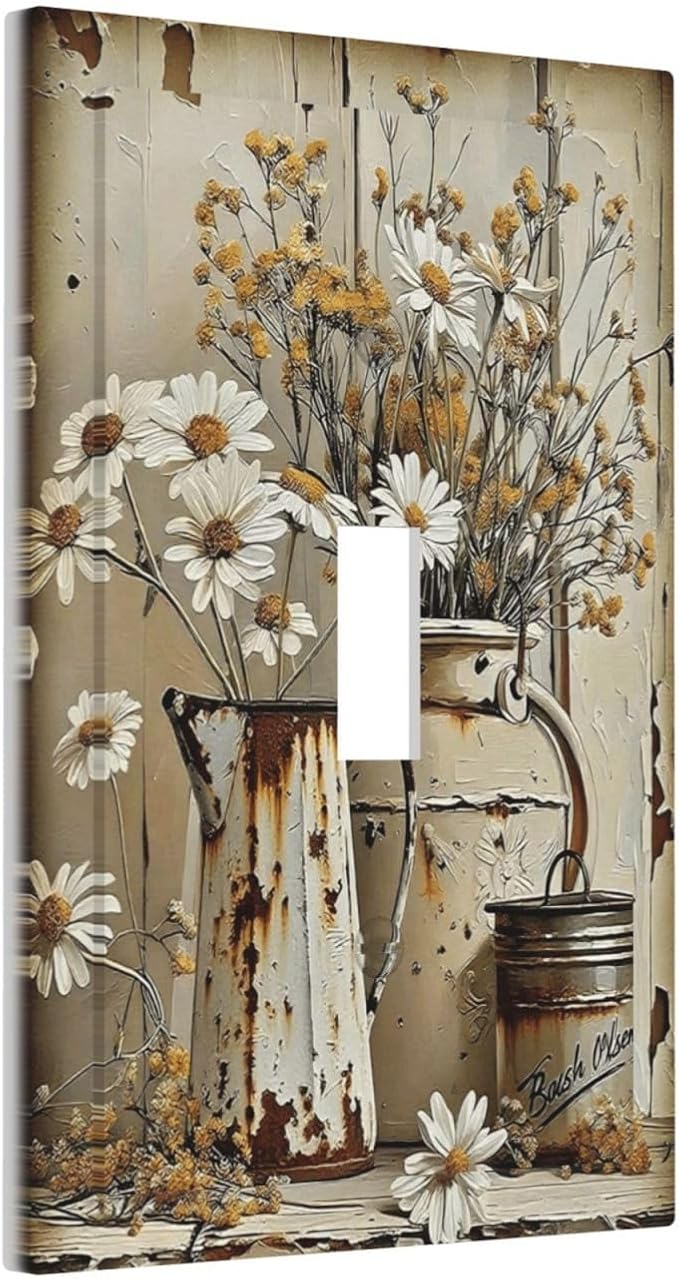 Rustic Flowers Daisy Floral White Wooden Planks Decorative Light Switch Cover 1 Gang Single Toggle Device Electrical Faceplate Switchplates Decorator Outlet Wall Plate for Farmhouse Home Decor