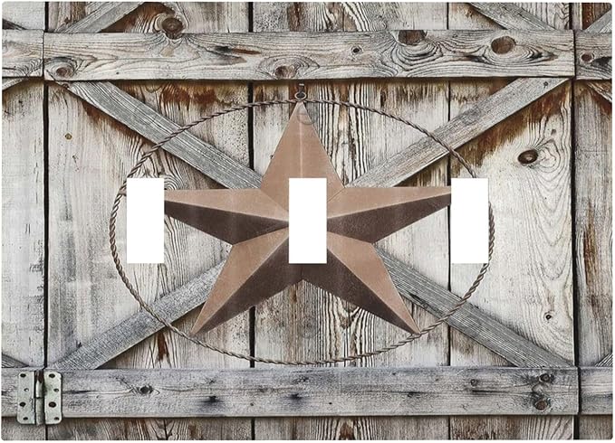 Rustic Western Texas Star Barn Door 3 Gang Light Switch Plate Decorative Wood Triple Toggle Wall Plate Cover Electrical Faceplate Switchcover for Farmhouse Bathroom Home Bedroom Art Panel Decor