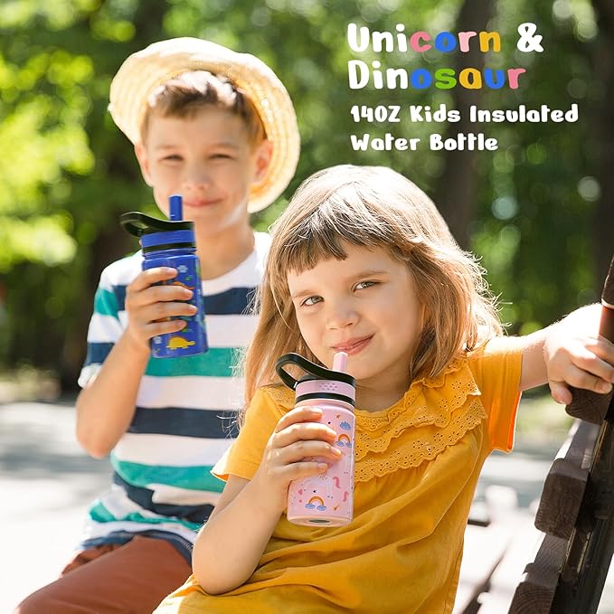 2-Pack Kids Water Bottle, BUZIO 14 oz Toddler Stainless Steel Insulated Water Bottles with Tritan Straw Lid, Leak Proof BPA-Free Wide Mouth Drink Flask for Shcool Boy Girl (Pink Unicorn+Blue Dinosaur)