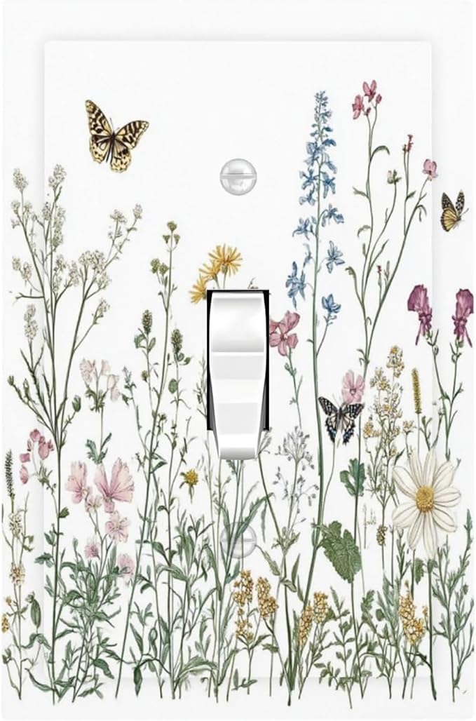 Decorative Light Switch Cover Rustic Wildflowers Butterfly Colorful Floral 1 Gang Single Toggle Device Electrical Faceplate Switchplates Decorator Outlet Wall Plate For Bed Room Home