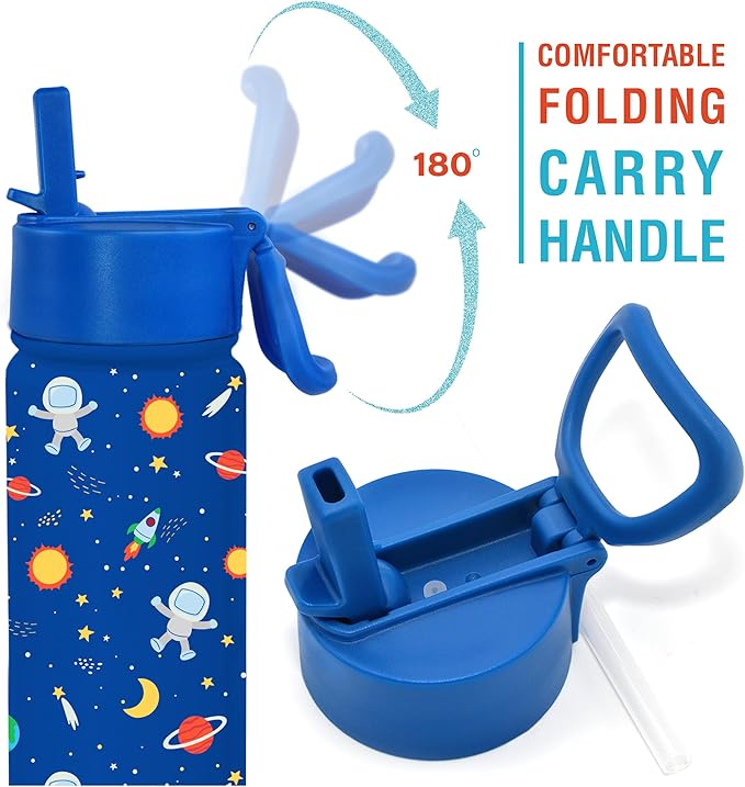 CHILLOUT LIFE 17 oz Kids Insulated Water Bottle for School with Straw Lid Leakproof and Cute Waterproof Stickers, Personalized Stainless Steel Thermos Flask Metal Water Bottle, Blue Space