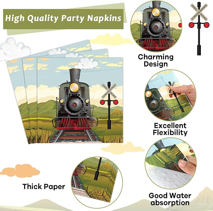 96 Pcs Train Paper Plates and Napkins Party Supplies Steam Train Birthday Disposable Tableware Set Retro Trains Transportation Party Decorations Favors for Baby Shower Dinnerware Favor Serves 24