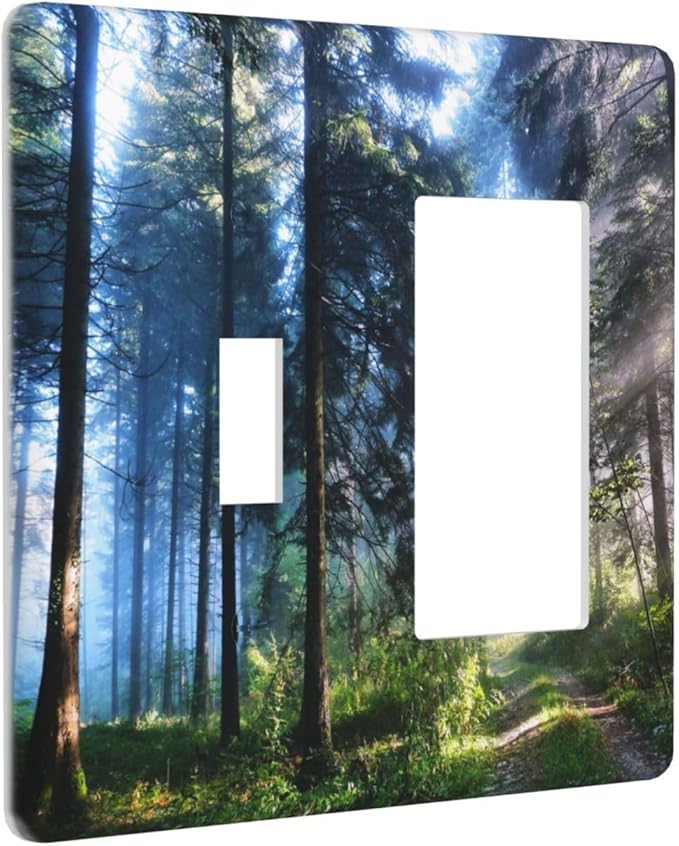 Green Landscape Forest Tree 2 Gang Single Toggle/Rocker Combination Light Switch Cover Decorative Wall Plate Cover Electrical Faceplate Art Oil Painting Decor