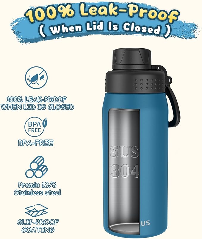 GOPPUS 19oz Kids Water Bottle with Spout Lid, Toddler Water Bottle, Stainless Steel Insulated Water Bottle, Leakproof, BPA Free, Suitable for Boys and Girls for School（Navy Blue）