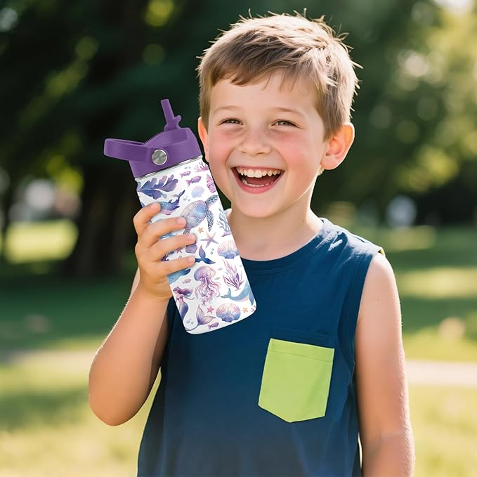 Ocean Gifts for Kids - 16 Oz Purple Water Bottle with Straw Lid, Stainless Steel Insulated Tumbler, Leak Proof, BPA-Free, for Girls & Boys, School, Beach - Marine Life Lovers Birthday Gifts (1pc)