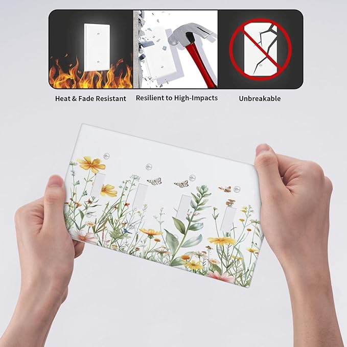 Light Switch Cover Plate Rustic Colorful Floral Butterfly Watercolor Flowers 4 Gang Quad Toggle Decorative Switch Plates Wall Panels Electrical Wall Plates Faceplate for Bathroom Bedroom Decor