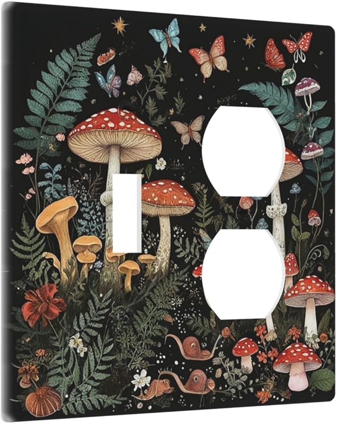 Cartoon Floral Mushroom Forest Butterfly Flowers Wallplates 1 Toggle 1 Duplex Electrical Gfci Faceplate Decorative Light Switch Covers Switch Plate for Bedroom Kids Room Decor