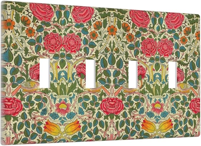 William Morris Roses Floral Quad Toggle Light Switch Cover VintageTulip Flower Plant Bird 4 Gang Wall Plate Decorative Electrical Switchplates Covers for Bedroom Living Room Decor