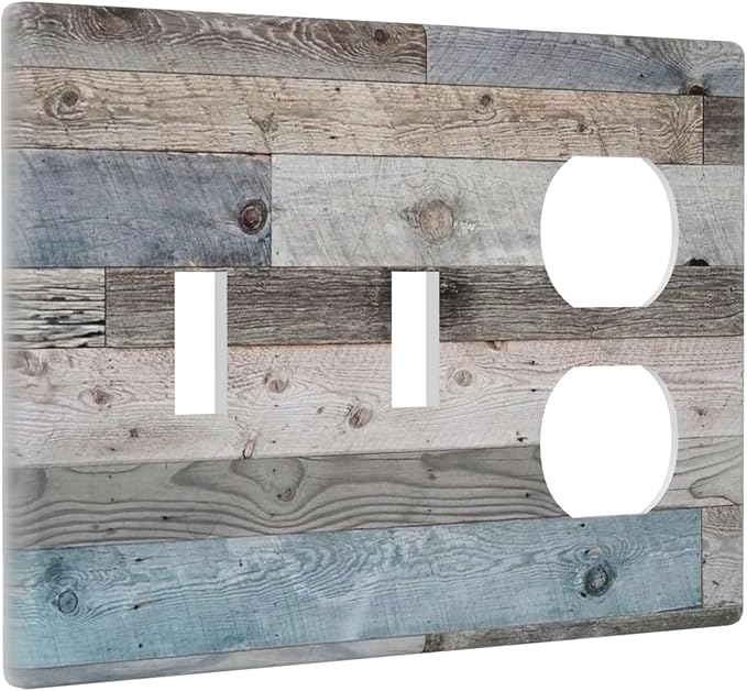 Western Barn Cabin Rustic Kitchen Country Teal Wooden Wood 3 Gang Combination 2 Toggle 1 Duplex Receptacle Light Switch Wall Plates and Outlet Cover Triple Device Combo Two Toggle One Receptacle Cover