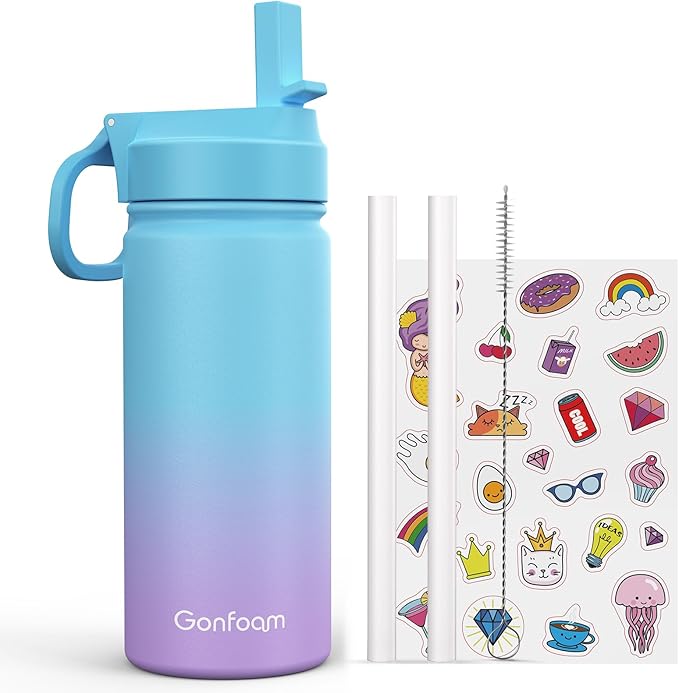 Kids Water Bottle, 16oz Kids Water Bottle with Stickers for School, insulated Stainless Steel Straw Cup(Blue/Purple)