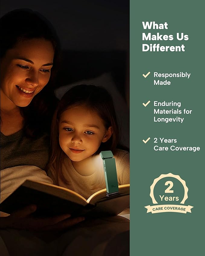 86lux Book Light, Rechargeable Clip-On LED Reading Light for Bed & Night Use - 3 Color Temperatures with Stepless Dimming, Ultralight Bookmark Design for Kids, Book Lovers, Green