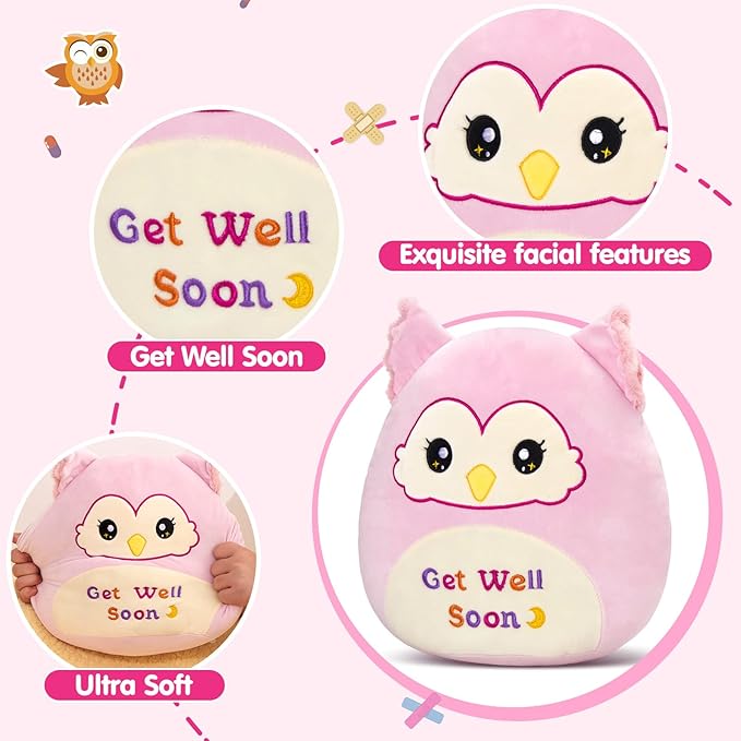 WEWILL Get Well Soon Owl Plush Pillow, 12 Inch, Soft Pink Owl Stuffed Animal for Comfort and Healing, Get Well Gift for Kids Girls
