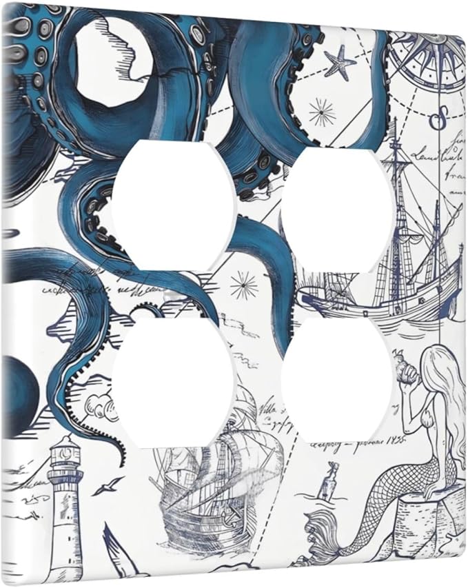 Nautical Vintage Map Octopus Mermaid Lighthouse Boat Outlet Covers 2 Gang Double Duplex Decorative Light Switch Covers Electrical Wallplates Socket Faceplate for Bathroom Kids Room Decor