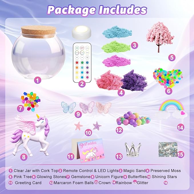 Unicorn Light-Up Terrarium Kit for Kids - Multicolor LED Night Light Birthday Gifts - Unicorn Toys for Girls Ages 4-6 7 8 9 10 Year Old - Kids Arts and Crafts Kit, Easter Ideal Gifts