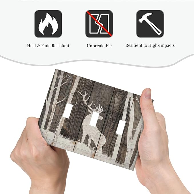 Vintage Wood Forest Deer Wildlife Animal Silhouette Decorative Switch Plates 3 Gang Wall Plate Triple Toggle Light Switch Cover Faceplate Electrical Wall Panels for Farmhouse Home Decor