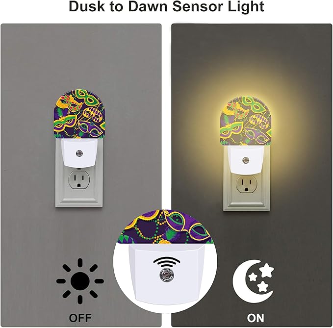 Happy Mardi Gras Night Light for Kids,Colorful Carnival Masks and Beads Plug in Night Light with Dusk to Dawn Sensor, 0.5w Energy Saving Nightlight for Hallway Stairway Kitchen Bedroom