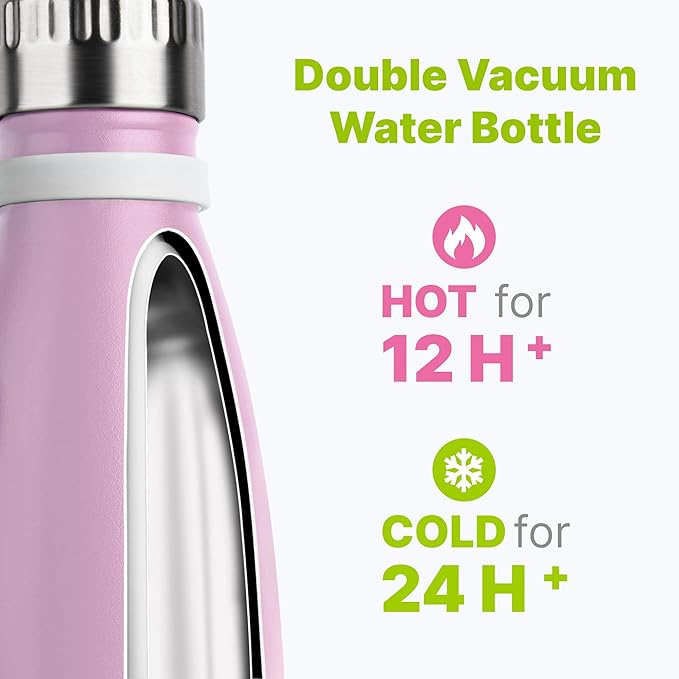 Water Bottle 17 oz Stainless Steel Vacuum Insulated Sports Flask Reusable Metal Leak Proof Travel Water Bottle for Women, Cola Shape BPA Free(Pink)