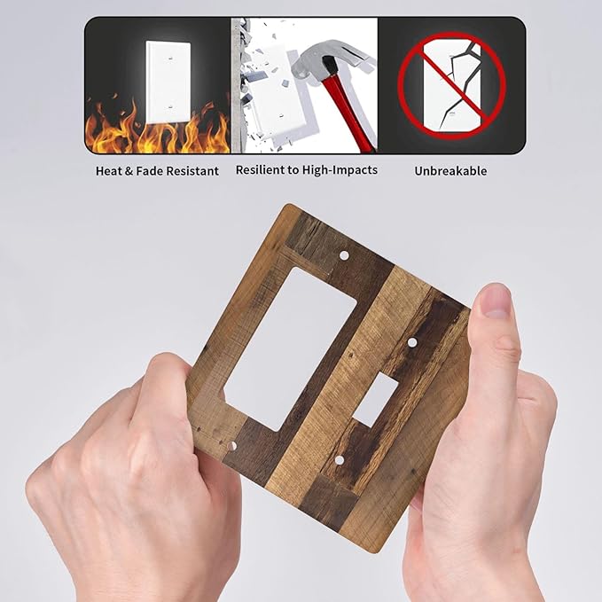 Outlet Covers Natural Wood Brown Wooden Planks 1 Toggle 1 Rocker Combination Decorative Wall Plate Electrical Switch Plates Light Switch Cover Plate For Farmhouse Cabin Decor