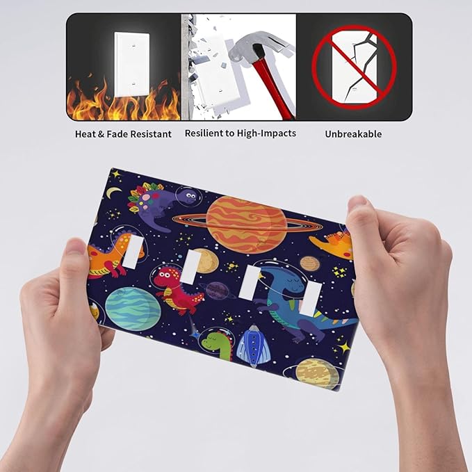 Galaxy Starry Astronaut Dinosaur 4 Gang Device Light Switch Cover Decorative Quad Toggle Wall Plate Decorative Electrical Faceplate for Home Bedroom Art Decorate