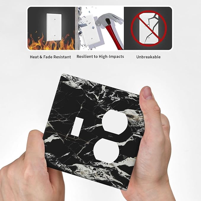Black Marble Patterns Low Key Luxurious Wallplates 1 Toggle 1 Duplex Switch Plate Electrical GFCI Faceplate Decorative Light Switch Covers for Bathroom Kitchen Decor