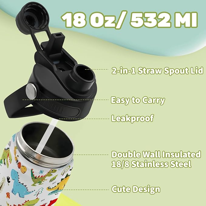 Insulated Water Bottle 18oz, Dinosaur Water Bottle with 2-in-1 Straw and Spout Lid, White Dinosaur Cup Leakproof, Cute Dinosaurs Cup for Dinosaurs Lover, Birthday Gift Ideal for Women Man