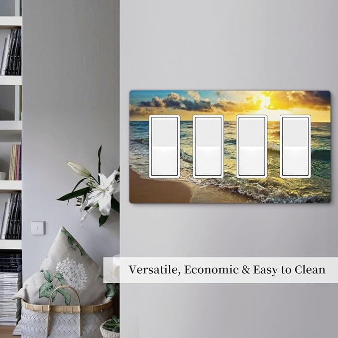 Sea Ocean Beach Sun Wave Sunrise 4 Gang Quad Rocker Light Switch Cover Plate Decorative Electric Faceplate Switchplate Living Room Bedroom Decorate Jumbo Screwless