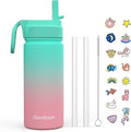 Kids Water Bottle, 16oz Water Bottles Kids with Straw and Stickers, Stainless Steel Vacuum Double Wall Insulated cup, Kids Water Bottle for School, Gifts for Girls(Green)