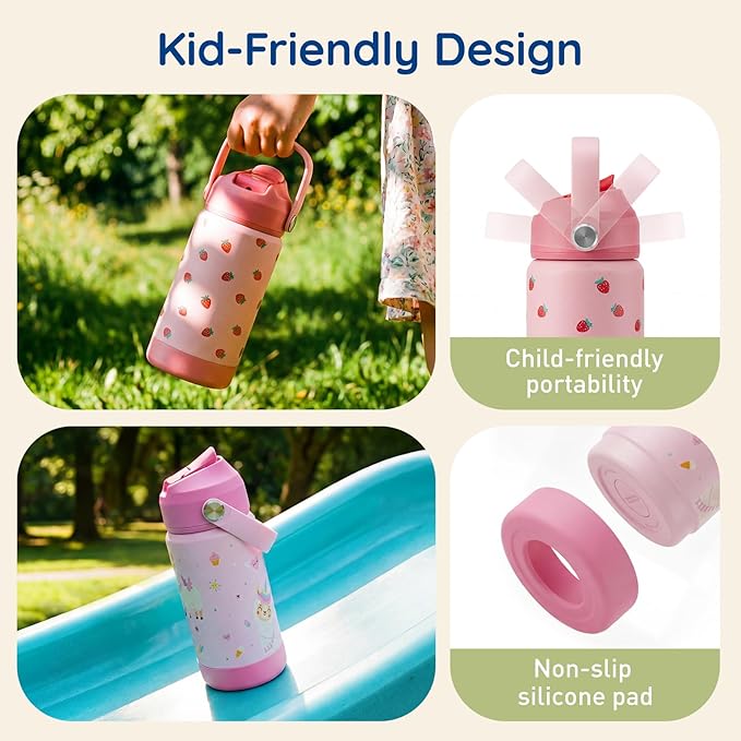 Mommore Kids Water Bottle 12 oz, Insulated Stainless Steel Water Bottle with Straw, Leakproof & BPA-Free, Vacuum Insulated Travel Water Bottle for School, Outdoor Car-1 Pc