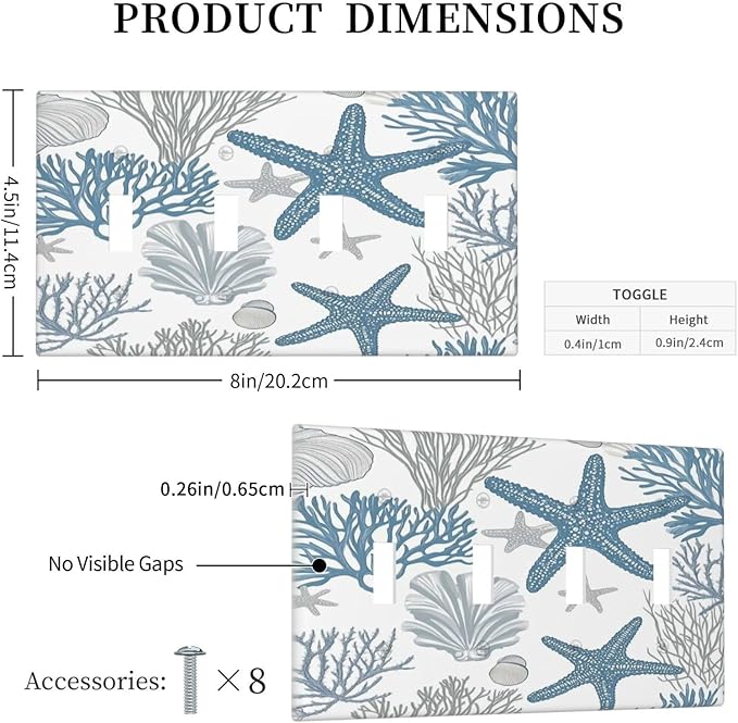 Blue Starfish Nautical Beach Conch Coastal Coral Shell Light Switch Covers Quad Toggle Electrical Faceplate 4 Gang Wall Plate Decorative Switch Plates For Kids Room Bathroom Decor