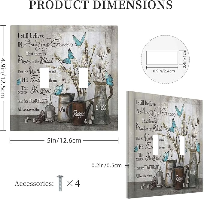 Blue Butterfly Rustic Flower Inspirational Quotes Double Toggle Light Switch Covers 2 Gang Wall Plate Dual Decorative Switchplate Electrical Faceplate for Farmhouse Country Bedroom Kitchen Decor