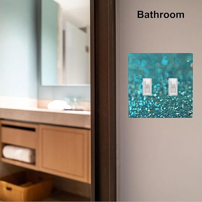 2-Gang Double Toggle Switch Plate, Teal Turquoise Shiny Printed Wall Plate, Glam Boho Decor for Bathroom Vanity Bedroom