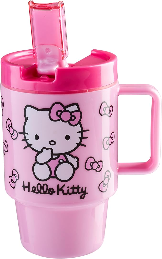 Get Trend Hello Kitty Sanrio Kids Water Bottle with Straw 16.9 oz BPA Free Leakproof Plastic Cup with Lid Handle Kawaii Tumbler Gifts for Kids (Pink Hello Kitty)