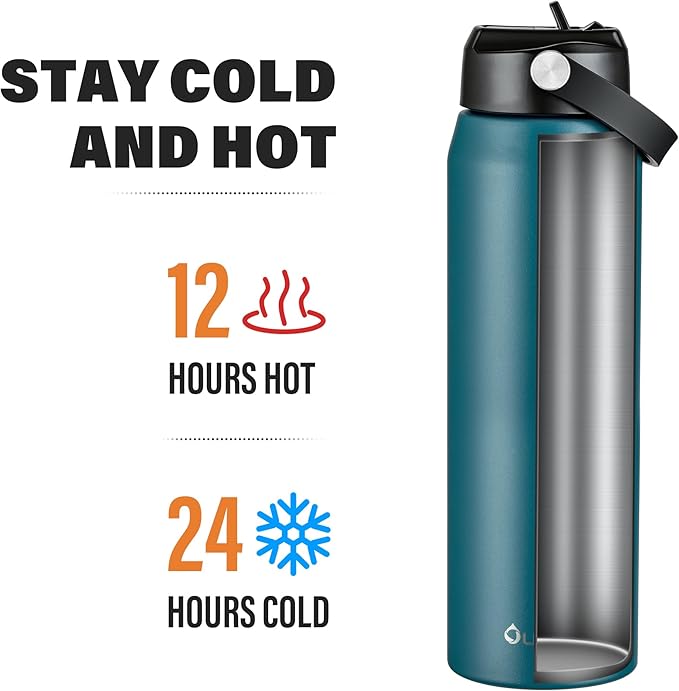 Oldley 32oz Insulated Water Bottle with Straw, Stainless Steel Water Bottle for Sports, Travel, School, BPA-Free Sports Bottles for Adult Kids, Leak-Proof, Emerald Green