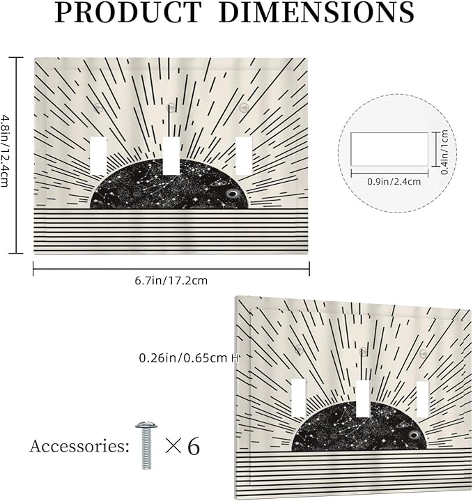 Mid Century Boho Sun Abstract Black Sunrise Horizon 3 Gang Light Switch Covers Triple Toggle Wall Plate Decorative Switchplate Electrical Faceplate for Kitchen Bathroom Bedroom Decor