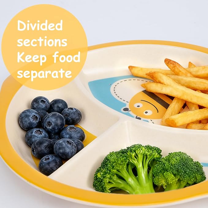 Kids Dinnerware Set, 5-Piece Mealtime Tableware for Children & Toddlers – Includes Divided Plate, Bowl, Cup, Fork & Spoon – Natural Bamboo Fiber, BPA-Free, Dishwasher Safe (Bee)