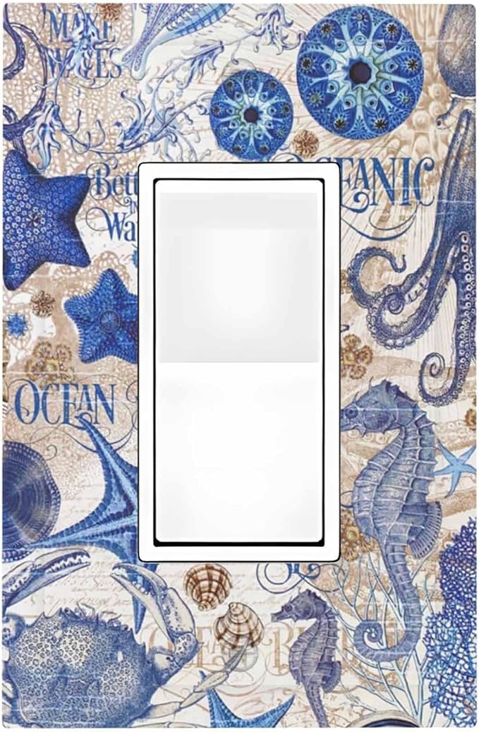 Decorative Outlet Covers Vintage Sea Blue Seahorse Starfish Octopus 1 Gang Single Rocker Light Switch Cover Plate Wall Plates Gfci Faceplate For Kids Room Home Decor