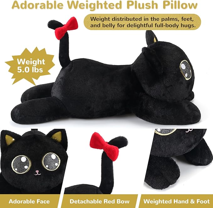 meowtastic Black Cat Weighted Stuffed Animals - 28 Inch 5.0 Pounds Weighted Plush Cat Stuffed Animal - Large Kitten Toys Pillow - Cute Plush Toys Gifts for Kids & Adults (28" 5.0 lbs)