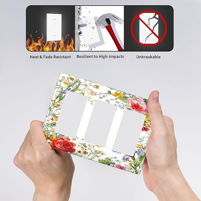 Decorative Outlet Covers Rustic Red Flower Garden Floral 3 Gang Light Switch Cover Plate Triple Rocker Wall Plates for Electrical Outlets Switch Plate Covers for Country Home Decor
