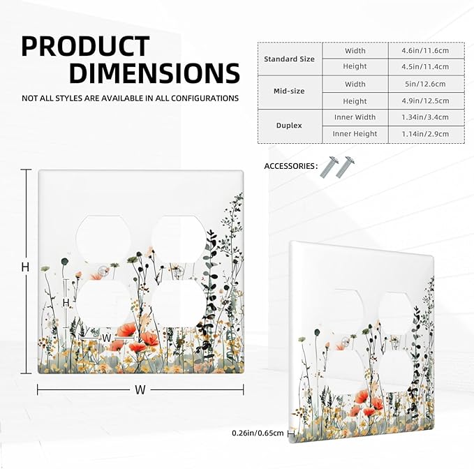 Vintage Country Style Watercolor Leaves Wildflowers Floral Outlet Covers 2 Gang Double Duplex Decorative Light Switch Covers Electrical Wallplates Socket Faceplate for Bedroom Living Room Decor