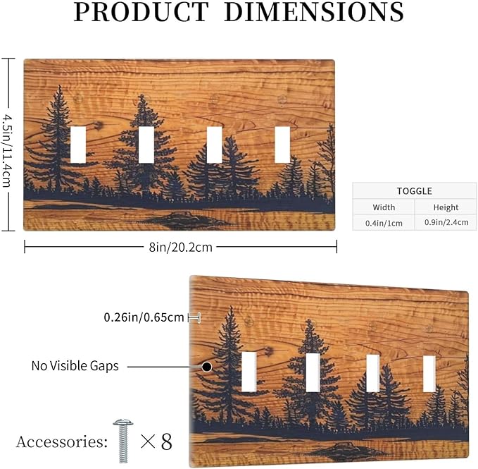 Decorative 4 Gang Quad Toggle Light Switch Cover Retro Forest Pine Tree Jungle Woodland Woods Brown Wood Lodge Wooden Style Electrical Four Device Decorator Wall Plate Standard Size Outlet Covers