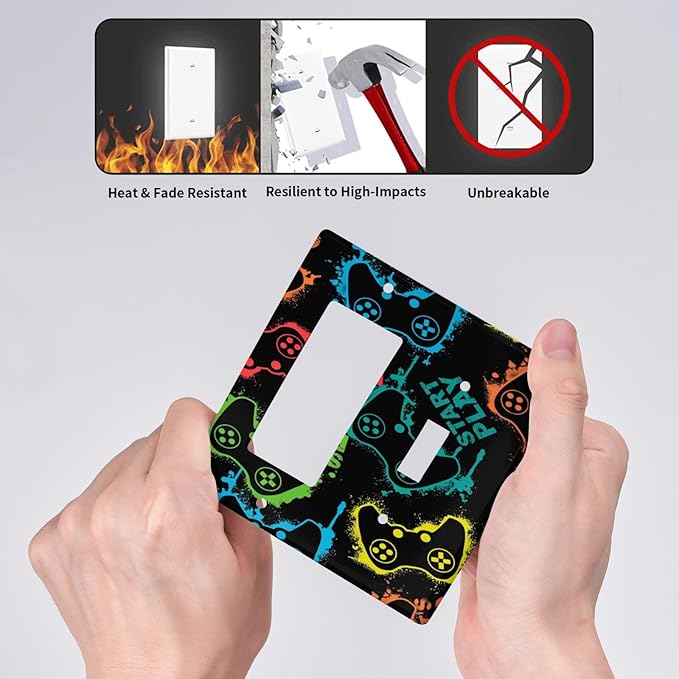 Gaming Hippie Gamer Modern Gamepad Colorful Graffiti Outlet Covers 1 Toggle 1 Rocker Combination Decorative Wall Plate Electrical Switch Plates Light Switch Cover Plate for Kids Room Nursery Decor