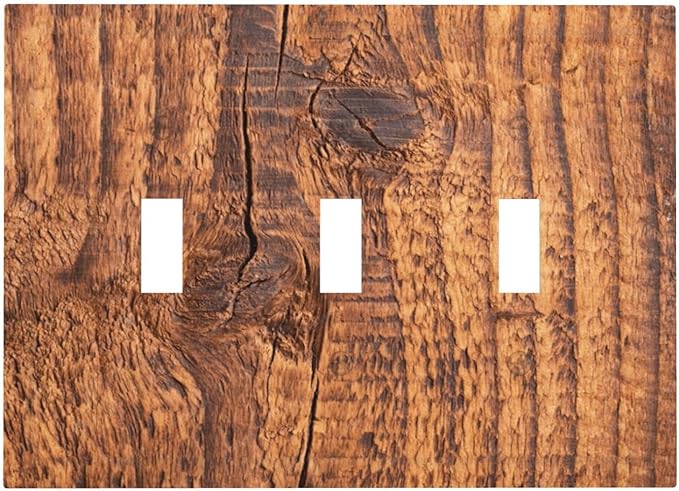 Brown Wood Grain Rustic Natural Burl Print Decorative Switch Plates 3 Gang Wall Plate Triple Toggle Light Switch Cover Faceplate Electrical Wall Panels for Farmhouse Home Decor