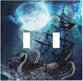 Moon Ocean Nautical Octopus 2 Gang Double Toggle Light Switch Cover Electric Wall Plate Electrical Faceplate for Bathroom Home Living Room Jumbo Size Decor
