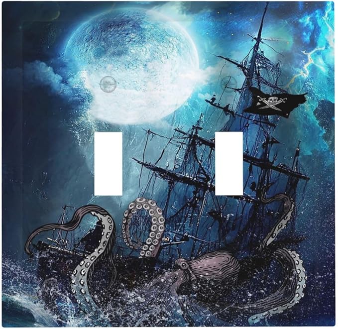 Moon Ocean Nautical Octopus 2 Gang Double Toggle Light Switch Cover Electric Wall Plate Electrical Faceplate for Bathroom Home Living Room Jumbo Size Decor